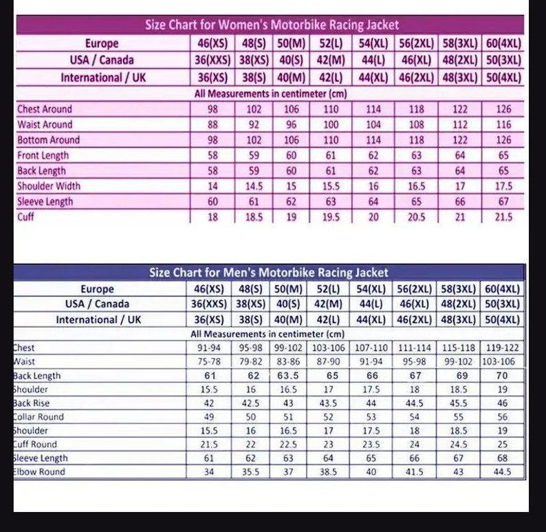 May include: Size charts for women's and men's motorbike racing jackets. Measurements are in centimeters. Charts include chest, waist, bottom, front and back length, shoulder width, sleeve length, and cuff measurements for various sizes.
