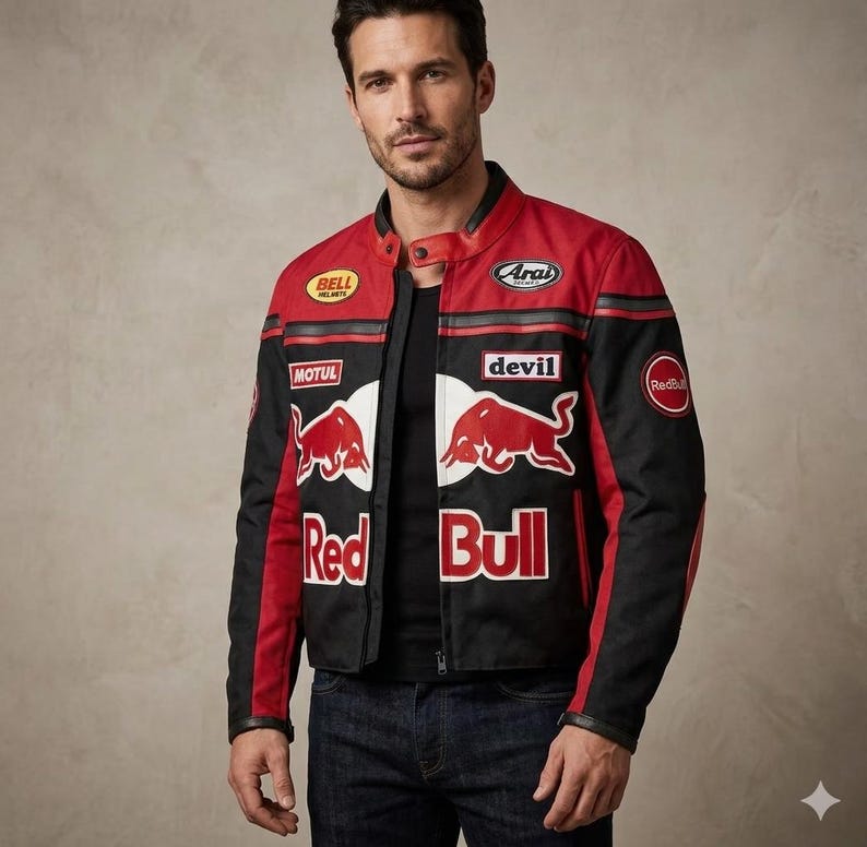 May include: A black and red leather racing jacket with Red Bull logos and sponsor patches. The jacket features a stand-up collar, a zipper closure, and red accents on the shoulders and sleeves. The jacket has the text "Red Bull" and "devil".