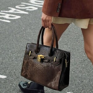 Python Embossed Leather Top Handle Bag, Luxury Lock Tote Purse, Elegant Satchel Handbag, Structured Crossbody Bag, Chic Work Bag for Women