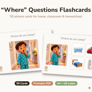 Op de afbeelding: Where Questions flashcard-set met 50 kaartjes voor thuis en op school. De kaarten tonen de tekst Where do you sleep? met illustraties van een kind in pyjama, een badkuip, een rode auto, een bed en een koelkast.