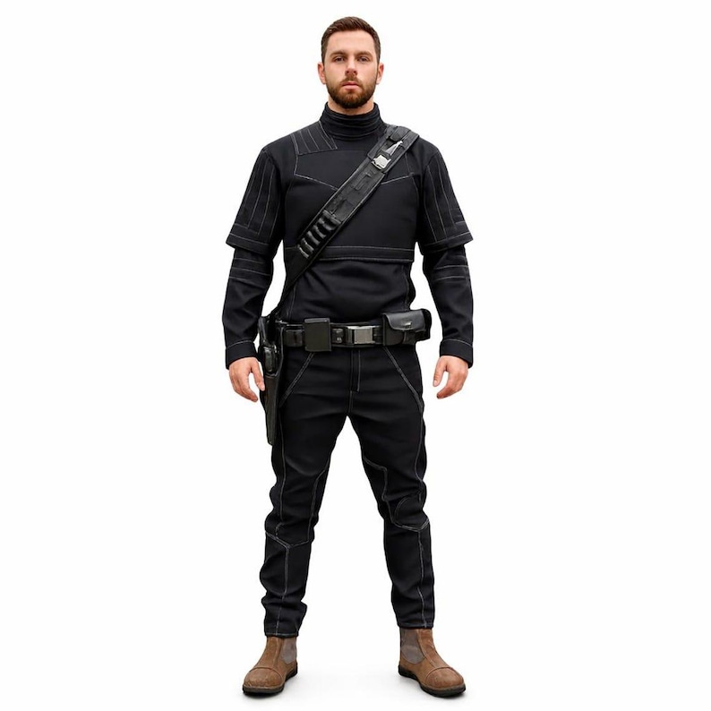 Puede incluir: Traje t&aacute;ctico negro con costuras blancas, con cuello alto, bandolera y cintur&oacute;n utilitario. El conjunto incluye una parte superior de manga larga, pantalones y botas. Se ve una funda en el lado izquierdo. El tema general es de estilo futurista o militar.