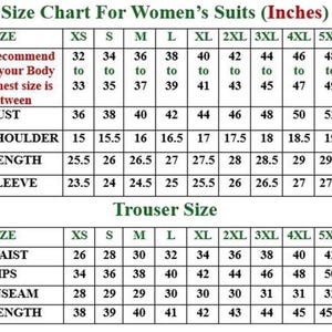 Puede incluir: Una tabla de tallas para trajes de mujer, con medidas en pulgadas. La tabla incluye medidas de busto, hombro, largo y manga para tallas XS a 5XL. Tambi&eacute;n incluye medidas de talla de pantal&oacute;n para cintura, cadera, entrepierna y largo.