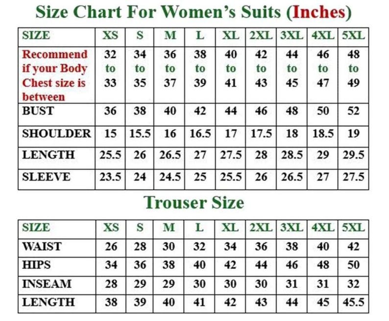 Puede incluir: Una tabla de tallas para trajes de mujer, con medidas en pulgadas. La tabla incluye medidas de busto, hombro, largo y manga para tallas XS a 5XL. Tambi&eacute;n incluye medidas de talla de pantal&oacute;n para cintura, cadera, entrepierna y largo.