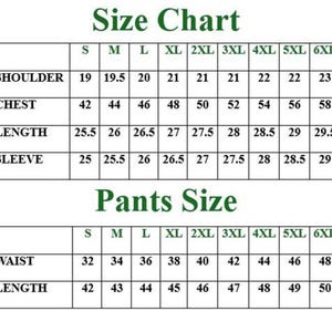 May include: A size chart for suits and pants, with measurements in inches. The chart includes shoulder, chest, length, and sleeve measurements for suit sizes S to 6XL. Pants sizes include waist and length measurements.