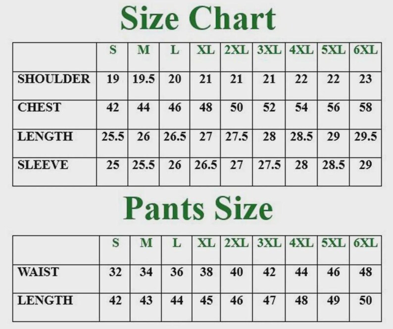 May include: Size chart for clothing, including shoulder, chest, length, and sleeve measurements. The chart also includes pants size measurements for waist and length. Sizes range from S to 6XL.