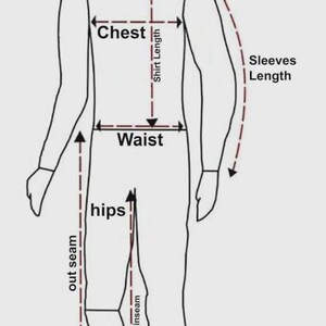 May include: Diagram illustrating body measurements for clothing. Key areas labeled include collar, shoulder, chest, waist, hips, inseam, outseam, and sleeve length. Dashed lines indicate measurement points on a stylized figure.