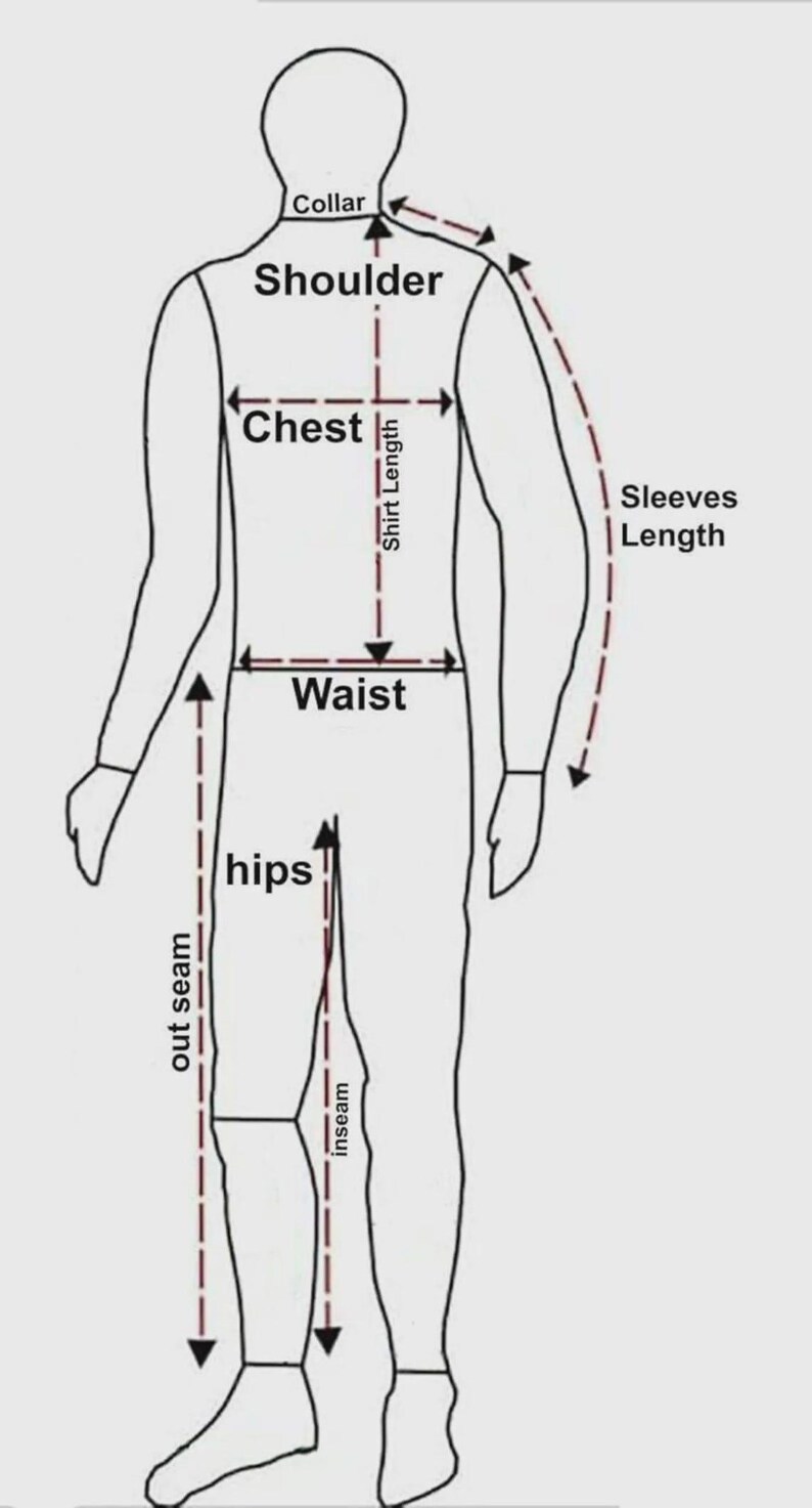 May include: Diagram illustrating body measurements for clothing. Key areas labeled include collar, shoulder, chest, waist, hips, inseam, outseam, and sleeve length. Dashed lines indicate measurement points on a stylized figure.