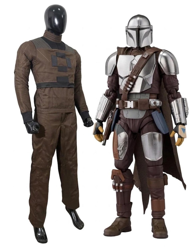 May include: Two action figures of characters from a science fiction franchise. One figure is dressed in brown and black clothing. The other figure is wearing silver armor, a helmet, and brown clothing, with a blaster pistol.