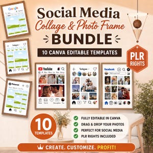 以下が含まれることがあります： Google、Instagram、YouTube、Pinterest、Facebookのレイアウトを含む、Canvaで編集可能な10種類のソーシャルメディアコラージュおよびフォトフレームテンプレートのデジタルバンドル。画像には「10 Canva editable templates」および「PLR rights」というテキストが含まれています。