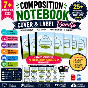 Op de afbeelding: Een digitaal pakket voor notitieboekcovers en labels met de tekst Composition Notebook Cover & Label Bundle, 7+ Notebook Sizes, 25+ Different Cover Label Templates en Create Beautiful Notebook Covers In Minutes!