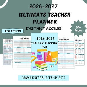 Puede incluir: Un planificador de profesores azul claro con el texto "2026-2027 TEACHER PLANNER PLR" e ilustraciones de útiles escolares. El planificador incluye un calendario, páginas de revisión diarias y semanales, y está etiquetado como "CANVA EDITABLE TEMPLATE".