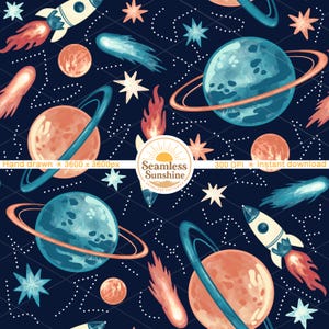 May include: Seamless pattern featuring watercolor illustrations of planets with rings, rockets, comets, stars, and constellations on a dark blue background. The text "Seamless Sunshine" is also included.