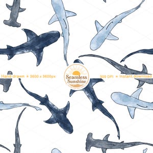 May include: A seamless digital pattern featuring watercolor-style sharks in various shades of blue on a white background. A circular logo in the center displays the text Seamless Sunshine with a sun icon. The image includes text: Hand drawn, 3600 x 3600px, 300 DPI, Instant download.