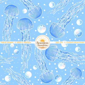 May include: A seamless pattern featuring watercolor-style jellyfish in shades of blue and white against a light blue background. The design includes bubbles and the text "Seamless Sunshine".
