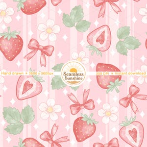 May include: A seamless pattern featuring watercolor strawberries, bows, flowers, and leaves on a pink striped background. The design includes whole and sliced strawberries, with a heart-shaped center in the sliced ones.
