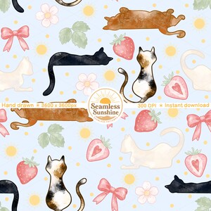 May include: A light blue seamless pattern featuring watercolor illustrations of cats, strawberries, bows, flowers, and suns. The design includes various cat poses in black, white, and calico colors. The text "Seamless Sunshine" is also present.