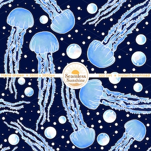May include: Seamless pattern featuring watercolor illustrations of blue jellyfish and bubbles on a dark blue background. The design includes the text "Hand drawn 3600 x 3600px" and "Seamless Sunshine". The pattern is suitable for various applications.
