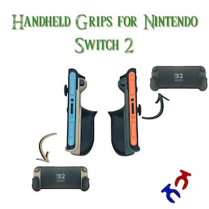 May include: Handheld grips for Nintendo Switch 2. The image displays two controller grips, one with a light blue and tan frame and one with an orange and dark green frame. Two additional views show the grips attached to the console back.