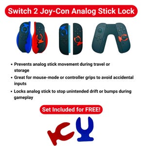 May include: Image of Switch 2 Joy-Con Analog Stick Lock. The image shows black Joy-Con controllers with blue and red accents. The text says it prevents stick movement, is great for grips, and locks the analog stick. A free set is included.