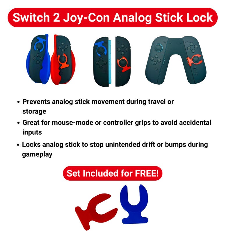 May include: Image of Switch 2 Joy-Con Analog Stick Lock. The image shows black Joy-Con controllers with blue and red accents. The text says it prevents stick movement, is great for grips, and locks the analog stick. A free set is included.