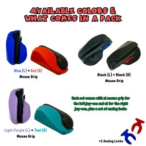 Pu&ograve; includere: Immagine che mostra varie combinazioni di colori di impugnature per mouse per una console di gioco. I colori disponibili sono blu e rosso, nero, viola chiaro e verde acqua. Il testo recita "COLORI DISPONIBILI E COSA C'&Egrave; IN UN PACCHETTO". Ogni set include un'impugnatura per mouse e blocchi analogici.