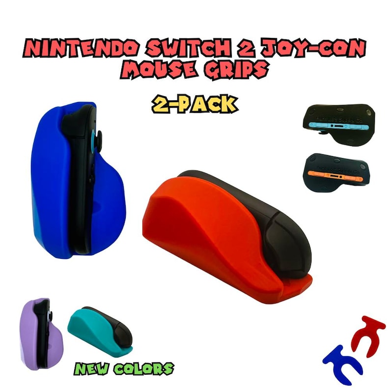 Pu&ograve; includere: Immagine di impugnature per mouse Nintendo Switch 2 Joy-Con in vari colori. L'immagine mostra un'impugnatura blu, un'impugnatura arancione e nera, un'impugnatura viola e un'impugnatura verde acqua. &Egrave; visibile anche il testo "2-PACK" e "NEW COLORS".