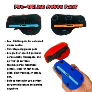 Pu&ograve; includere: Tappetini per mouse neri con cuscinetti pre-applicati, mostrati in blu e arancione, con la scritta "PRE-APPLIED MOUSE PADS". I cuscinetti sono progettati per un controllo e una precisione del mouse migliorati. L'immagine mostra anche un tappetino per mouse rosso e blu.
