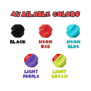 May include: Image showcasing a variety of available colors for a product. The colors include black, neon red, neon blue, light purple, and light green. Each color is represented by a swirled, abstract shape, with the text labels below each color.