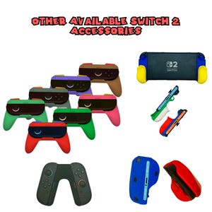 Pu&ograve; includere: Immagine di vari accessori per Nintendo Switch 2. L'immagine include pi&ugrave; controller colorati, una console e custodie protettive. I controller sono disponibili in vari colori, tra cui rosso, verde, viola e marrone. Il testo "OTHER AVAILABLE SWITCH 2 ACCESSORIES" &egrave; in alto.