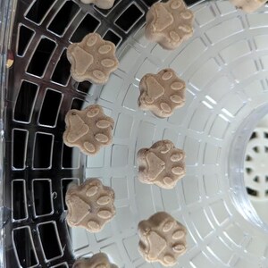 May include: Close-up of several light brown, paw-shaped treats arranged on a clear, plastic dehydrator tray. The treats have a detailed paw print design. The tray has a grid pattern and is slightly curved.