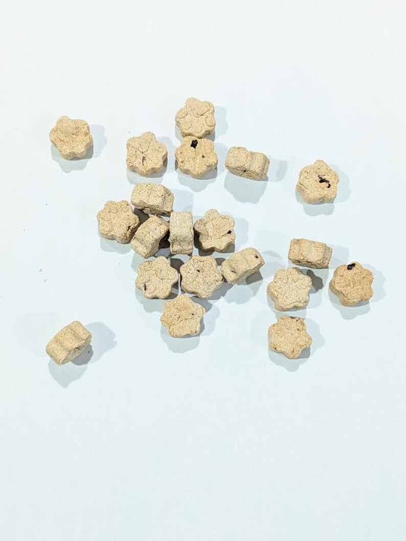 May include: A collection of small, beige, flower-shaped treats scattered on a light blue surface. Some treats have dark specks. The treats are in various shapes, including flower and rectangular forms.