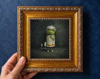 Funny Frog Bathroom Wall Art, Frog Spa Oil Painting, Mini Framed Vintage Decor