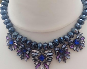 Blue Purple Crystal Flower Bib Necklace | Metallic Faceted Beads, Marquise Rhinestone Statement Necklace