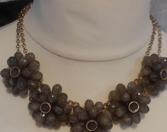 Grey Faceted Bead Flower Cluster Statement Necklace | Gold Tone Chain | Boho Chic Jewellery
