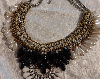 Vintage Statement Bib Necklace | Black & White Crystal, Faux Pearl Drop, Gold Chain | Bold Collar Choker | Evening Glam Jewellery