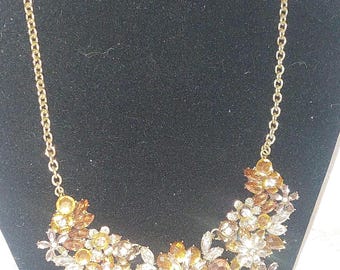 Vintage Style Amber & Topaz Crystal Flower Cluster Necklace | Gold Tone Floral Bib | Warm Rhinestone Statement Necklace | Autumn Jewellery