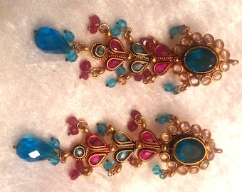 Vintage Indian Kundan Chandbali Drop Earrings — Peacock Teal, Ruby & Antique Gold — Screw Back
