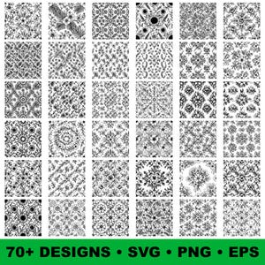 Pode incluir: Uma grade de 42 designs florais em preto e branco. Cada quadrado apresenta um padrão único de flores, folhas e outros elementos botânicos. Os designs são adequados para vários projetos criativos. O texto na parte inferior diz "70+ DESIGNS • SVG • PNG • EPS".