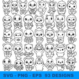 Pode incluir: Ilustração em preto e branco de 36 animais de desenho animado fofos, incluindo um coelho, uma lhama, um pinguim, um urso e uma raposa. Cada animal está segurando um item como um floco de neve, uma xícara ou um osso. Inclui o texto "SVG - PNG - EPS - 93 DESIGNS".