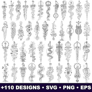 May include: A collection of 110 black and white line art illustrations featuring various sword designs adorned with elements like snakes, flowers, celestial symbols, and ribbons. The text at the bottom reads +110 DESIGNS • SVG • PNG • EPS.