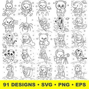 Space Animal SVG Bundle, Cute Astronaut Animals Clipart, Outer Space Cut Files for Cricut, Galaxy Line Art PNG EPS