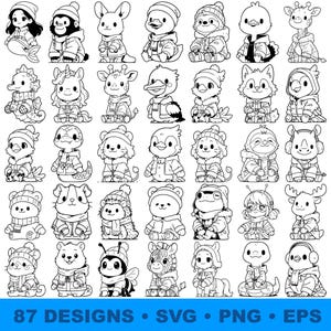 Pode incluir: Uma coleção de 87 ilustrações de arte linear em preto e branco com vários animais e personagens em estilo chibi vestindo roupas de inverno, como gorros e cachecóis. O texto inferior diz 87 DESIGNS • SVG • PNG • EPS.