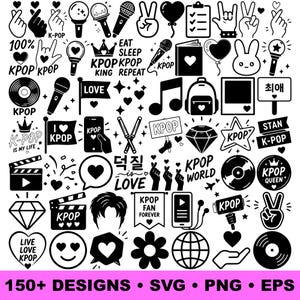 Pode incluir: Uma coleção de gráficos em preto e branco com tema K-Pop. Inclui corações, microfones, gestos de mãos, notas musicais e texto como "KPOP", "Love" e "150+ Designs". Perfeito para projetos de arte digital.