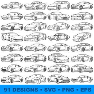 May include: A collection of 32 black and white line art illustrations of various sports cars arranged in a grid. The bottom section features a blue banner with the white text 91 DESIGNS • SVG • PNG • EPS, indicating the file formats included.