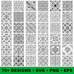 Pode incluir: Uma coleção de 36 padrões florais em preto e branco. Cada quadrado apresenta um design único de flores, folhas e outros elementos botânicos. A imagem inclui o texto "70+ DESIGNS • SVG • PNG • EPS".
