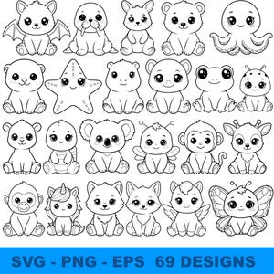 Könnte beinhalten: Schwarz-Weiß-Illustrationen verschiedener niedlicher Tiere, darunter eine Fledermaus, ein Walross, ein Kaninchen, ein Bär, ein Oktopus, ein Seestern, ein Frosch, ein Marienkäfer, ein Koala, eine Biene, ein Affe, eine Giraffe, ein Einhorn, ein Fuchs und ein Schmetterling. Der Text "SVG - PNG - EPS 69 DESIGNS" steht unten.
