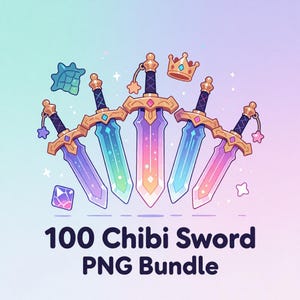 Puede incluir: Una ilustración digital que muestra cinco espadas estilizadas con hojas degradadas en tonos azul, morado y rosa, empuñaduras doradas y dijes en forma de estrella. Sobre las espadas hay una corona y una gema, con el texto 100 Chibi Sword PNG Bundle.