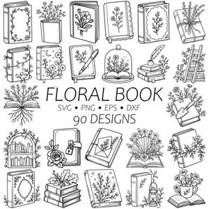 Pode incluir: Ilustrações em preto e branco de livros com desenhos florais. A imagem inclui vários estilos de livros, alguns com flores, vinhas e elementos decorativos. O texto diz "FLORAL BOOK" e "90 DESIGNS" com abreviações de tipos de arquivo.