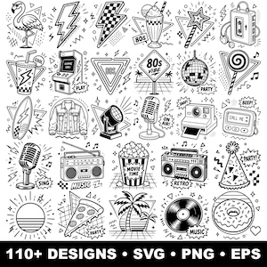 May include: Black and white illustrations of 1980s themed items, including a flamingo, lightning bolts, a milkshake, a cassette player, a boombox, a disco ball, a microphone, a pizza slice, and a donut. The text "110+ DESIGNS" is at the bottom.