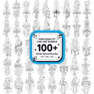 Pode incluir: Uma coleção de ilustrações de arte linear em preto e branco apresentando várias espadas de estilo chibi com diversos elementos decorativos. Um rótulo quadrado azul central exibe o texto: HIGH QUALITY LINE ART BUNDLE 100+ Chibi Sword Bundle SVG - PNG - EPS.